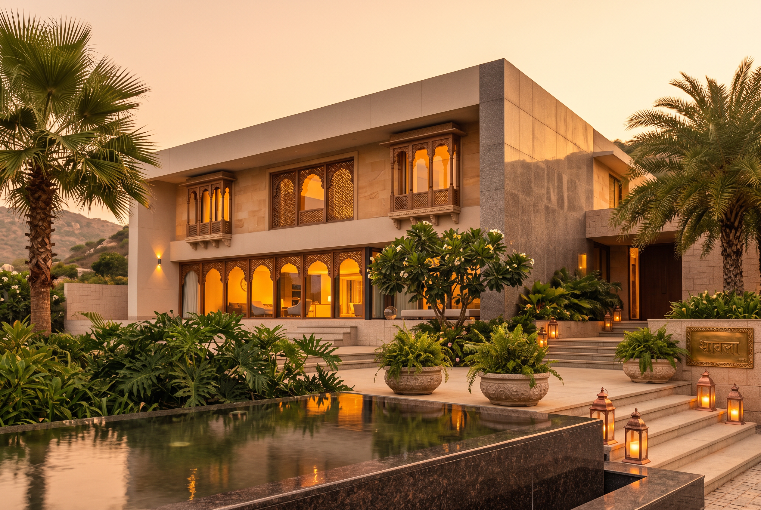 Luxury villa at twilight in a FutureLand gated community in Hyderabad